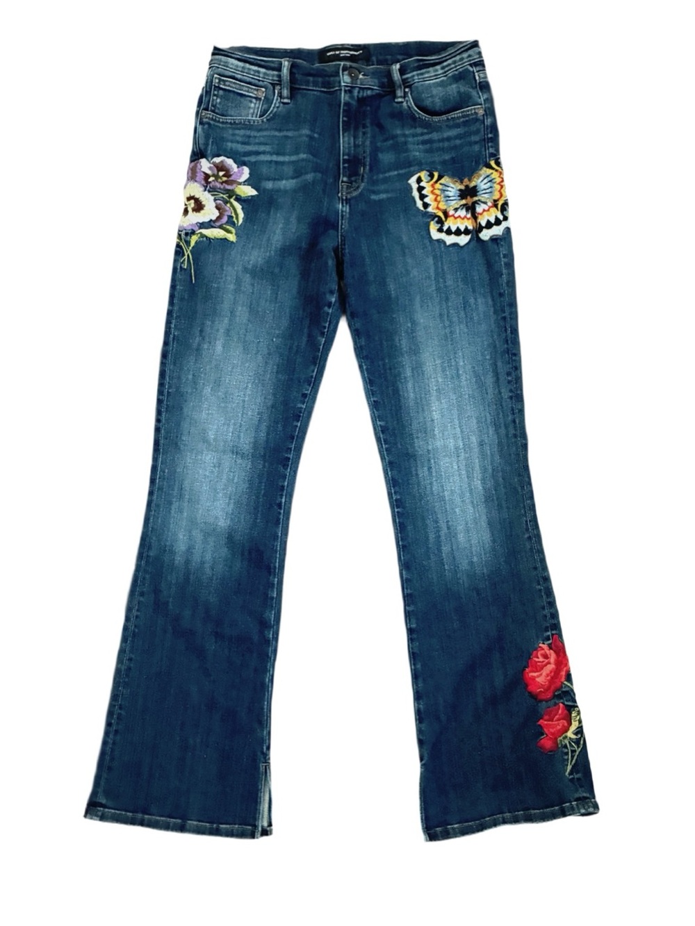 Cult of Individuality Dark Blue Flare Jeans with Embroidered Flowers & Butterfly